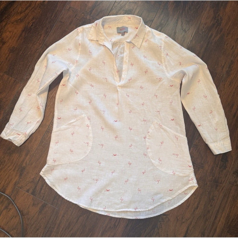 Forcynthia Beachwear White Linen Flamingo Print Tunic Top Large Pink Bird Shirt